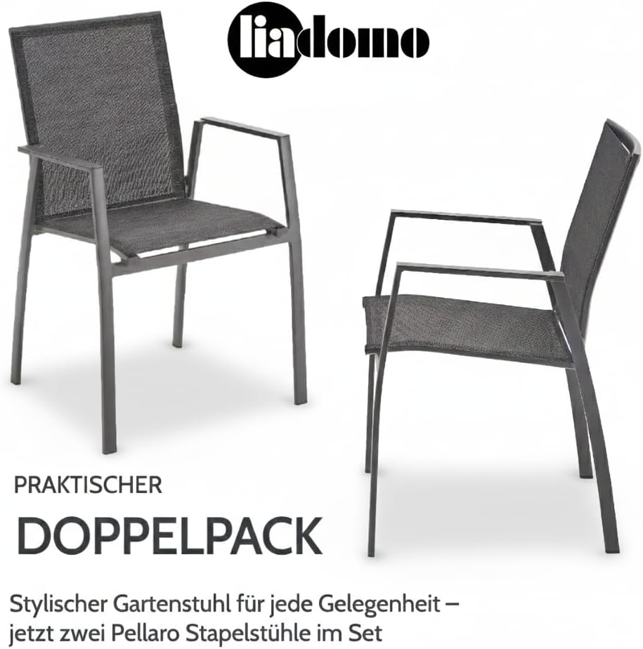 Gartenstuhl 2er-Set Pellaro - 2 Stück Stapelstuhl - wetterfest - fertig montiert - Alu mit Textilen - stapelbar - für Garten, Terrasse, Balkon - Alu-Armlehnen anthrazit