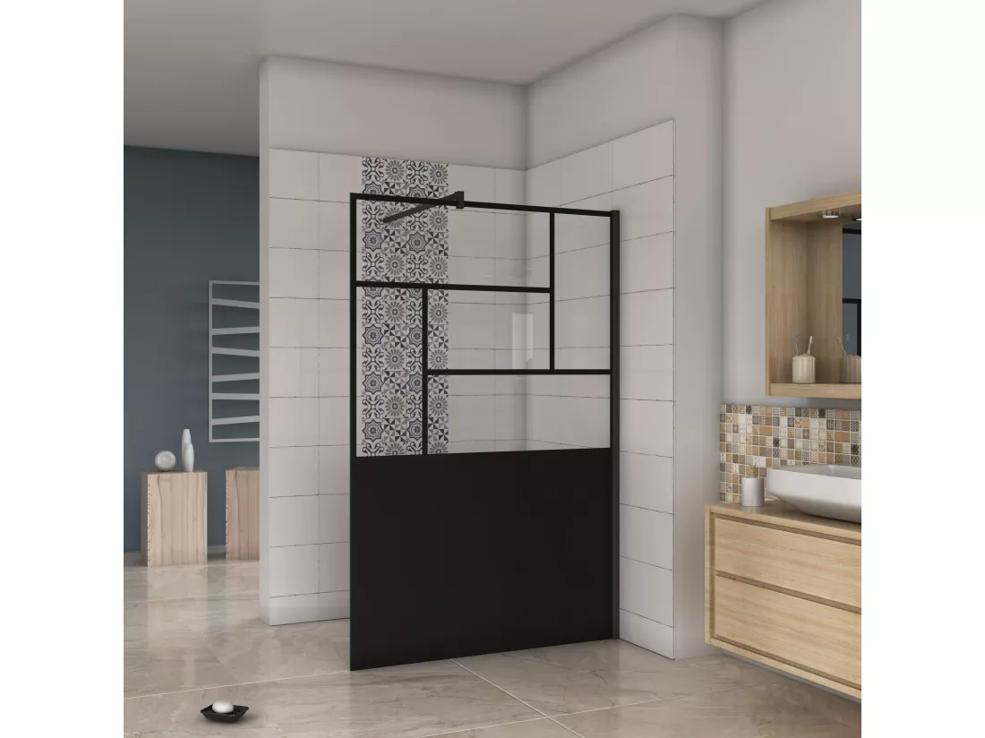 AICA paroi de douche 100x200cm,8mm verre anticalcaire,avec une barre de fixation carrée 90cm,Paroi douche italienne,Conception et intimité