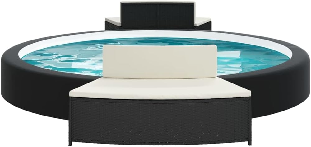 Festnight Whirlpool Umrandung Rund mit Stauraum - Poolumrandung in Rattan, Schwarz, 2 Sitzbänken