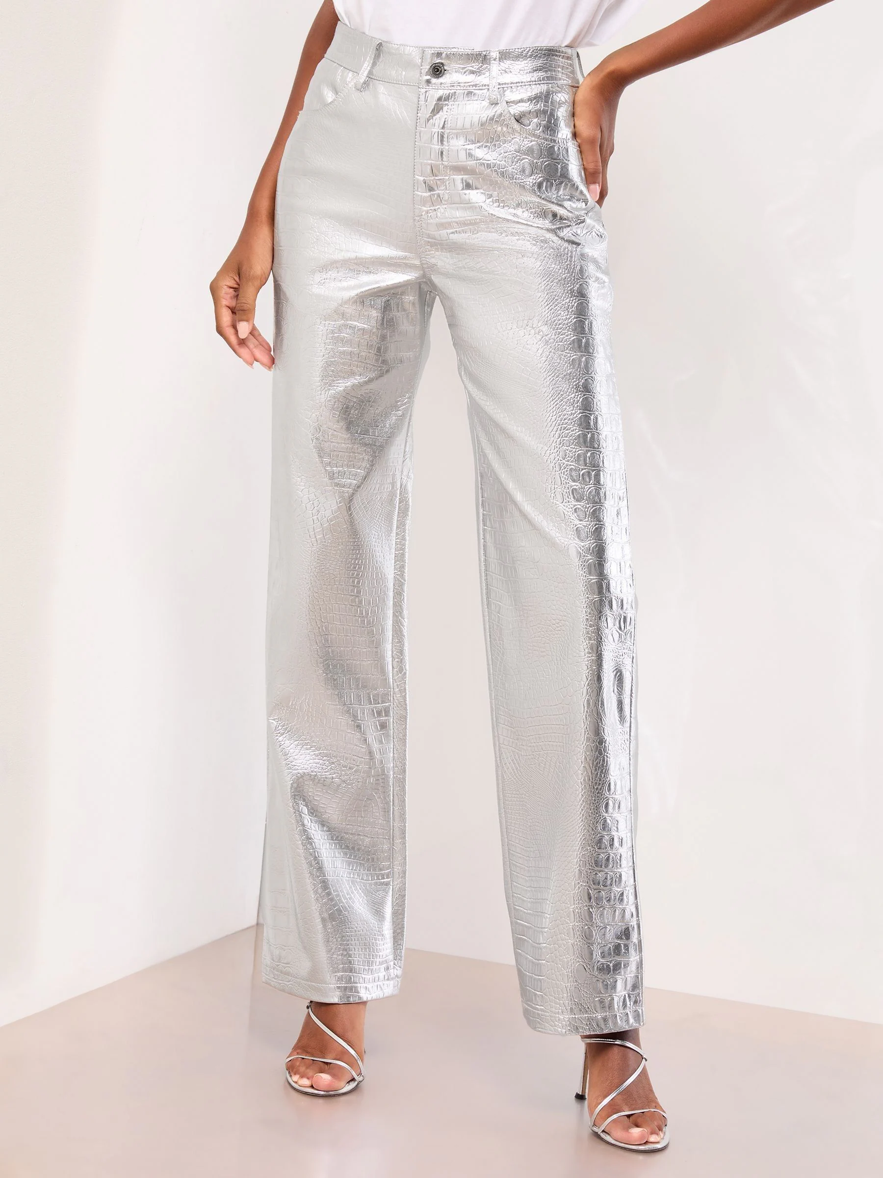 Silver Croc Faux Leather - Lipsy Pintuck Tailored Wide Leg Trousers