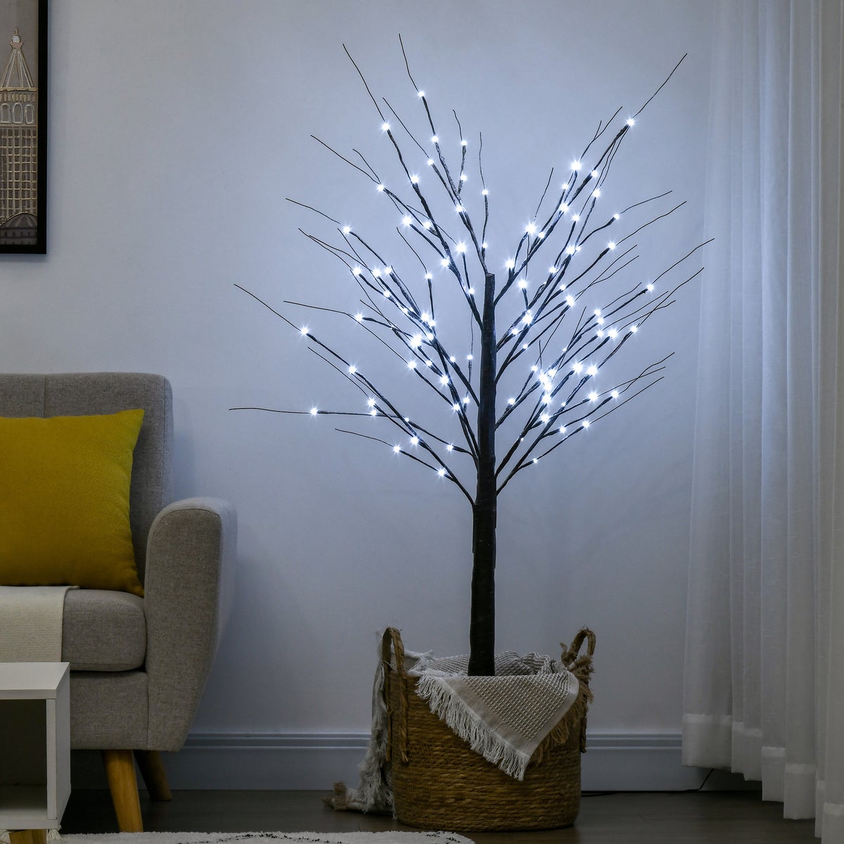 HOMCOM 150 cm Kunstberkenboom met 96 LED's, Kunstsneeuw, Kerstboom, Kunstberk voor Feesten, Verjaardagen, Bruiloften, Bruin