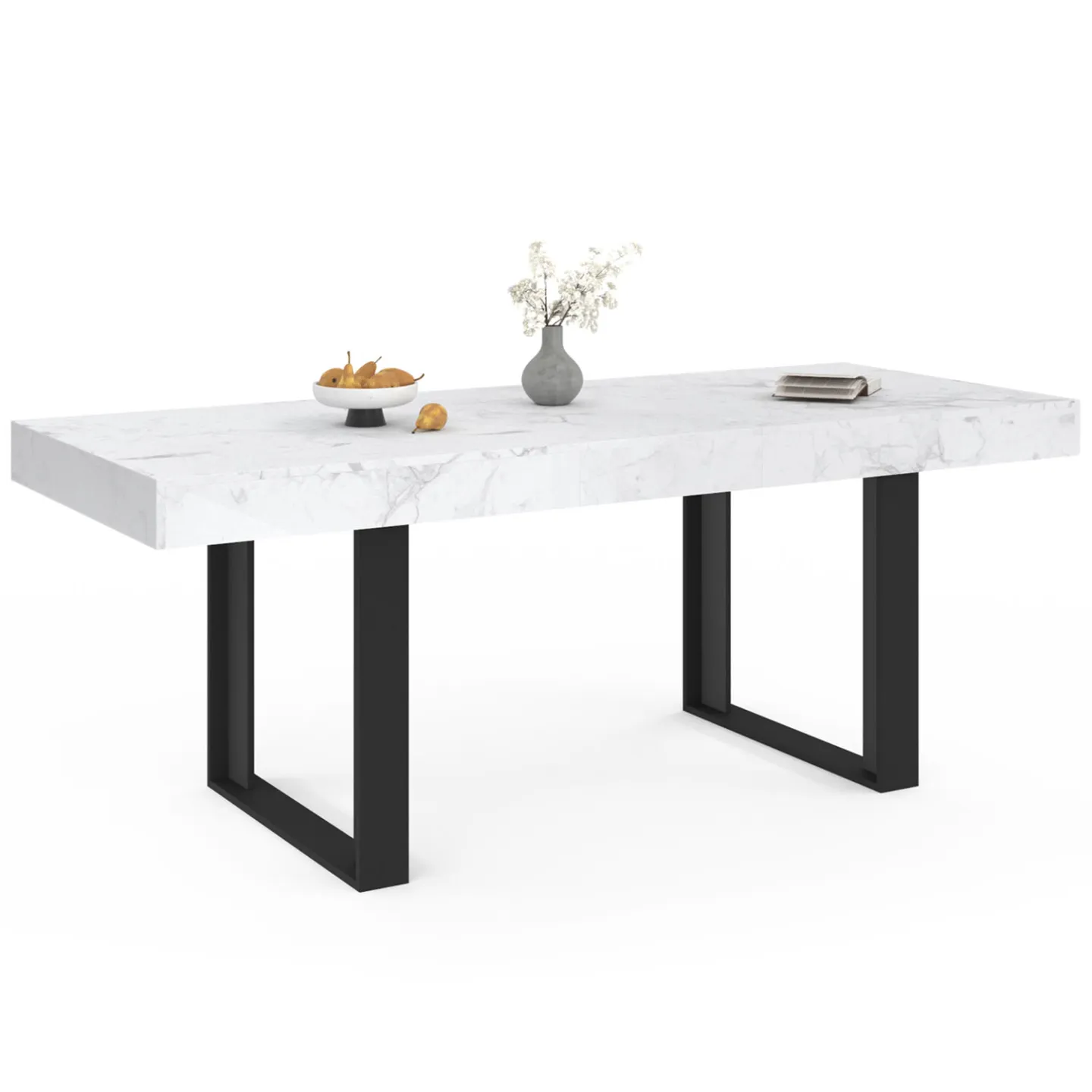 Table à manger extensible rectangle PHOENIX 4-8 personnes plateau effet marbre blanc ALASKA 160-200 cm