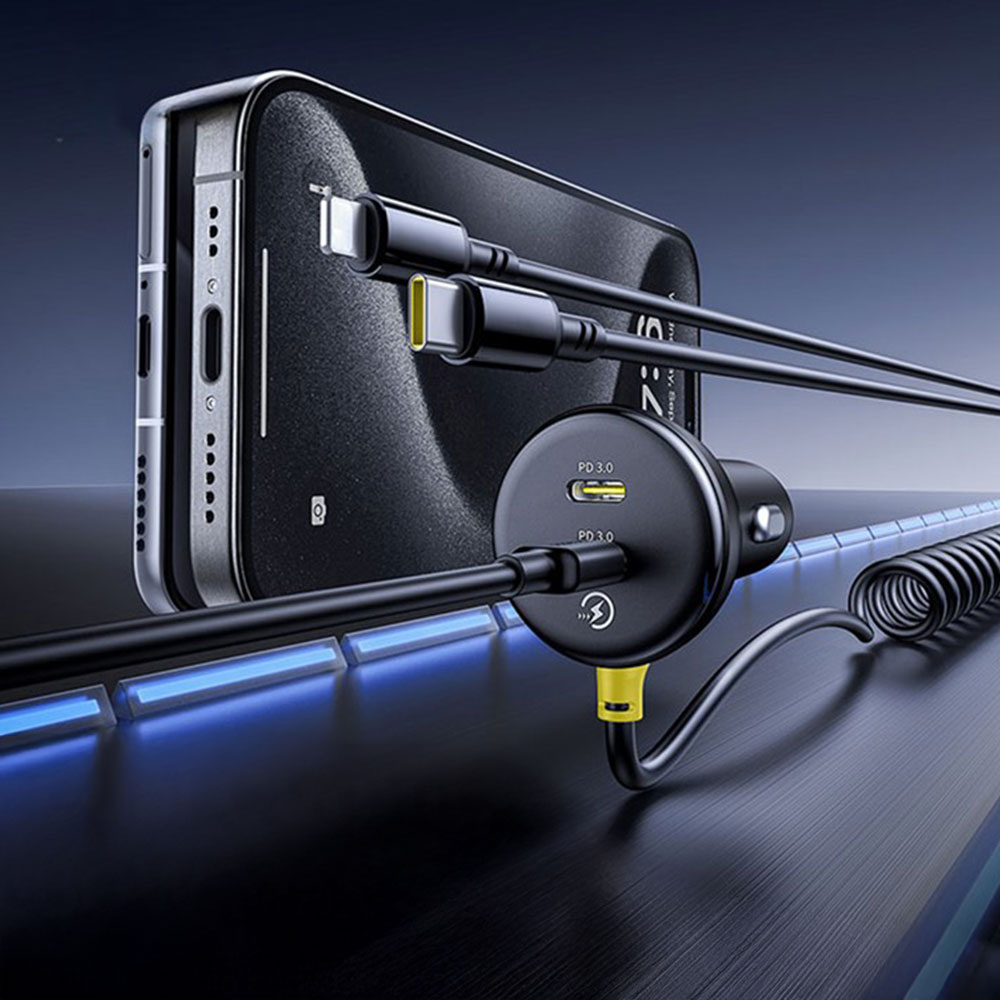 (60W) Dual USB C Spiral Auto KFZ Ladegerät mit USB C und Lightning Ladekabel PD - Schwarz