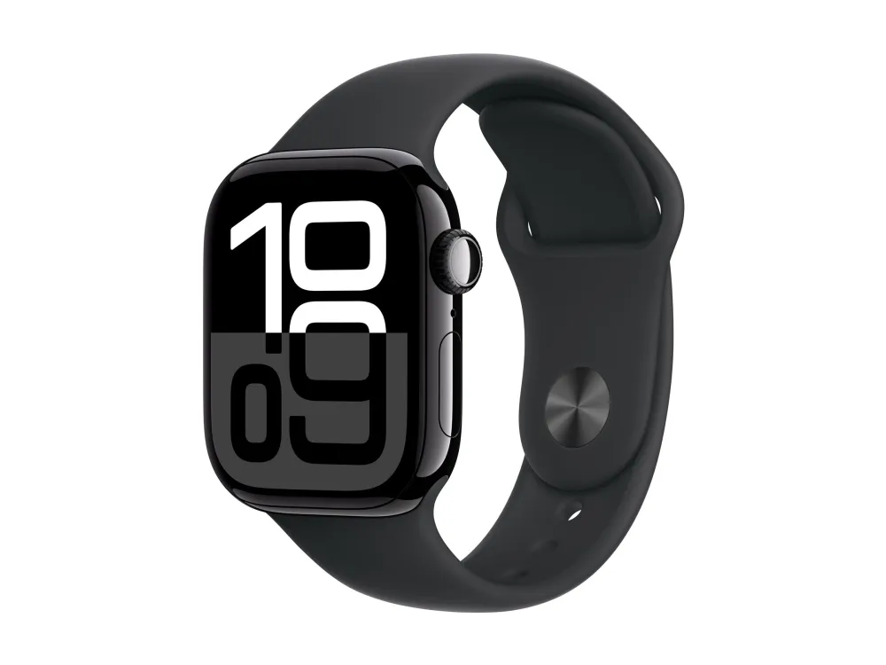 Apple Watch Series 10 (GPS) - 42 mm - jet sort aluminium - smart ur med sportsbånd - fluoroelastomer - sort - båndstørrelse: S/M - 64 GB - Wi-Fi 4, UWB, Bluetooth - 30 g