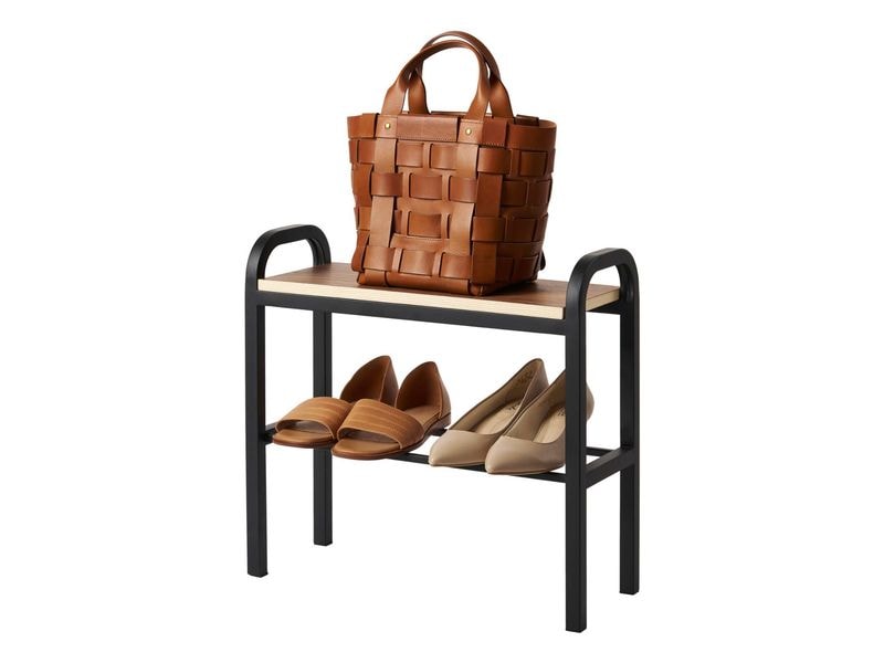 Yamazaki Schuhregal Tower 48 x 46 cm, Schwarz Schuhorganizer mit Holzablage