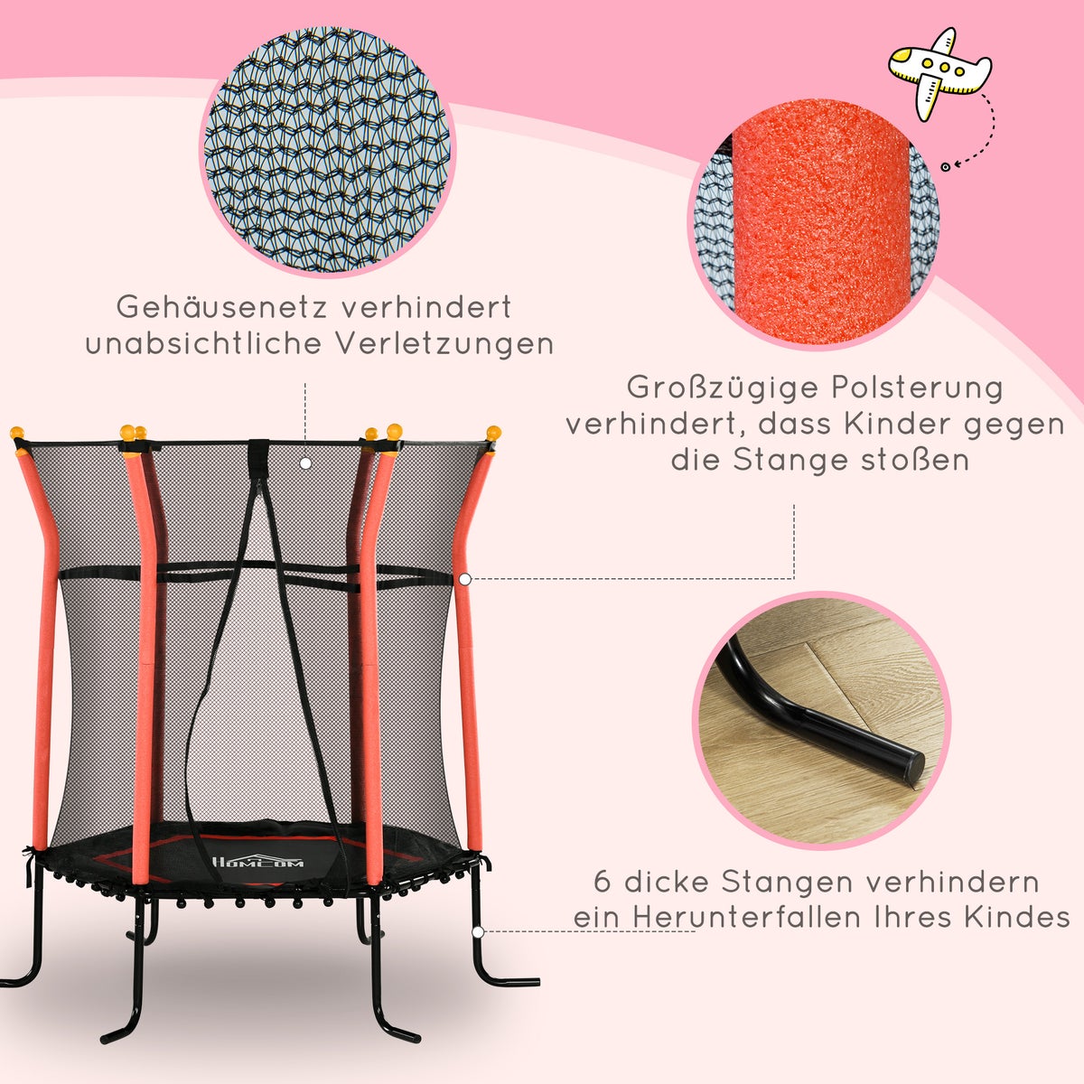 HOMCOM Kindertrampoline, Tuintrampoline met Veiligheidsnet, voor 3-10 Jaar, Ø160 cm, Staal, Rood