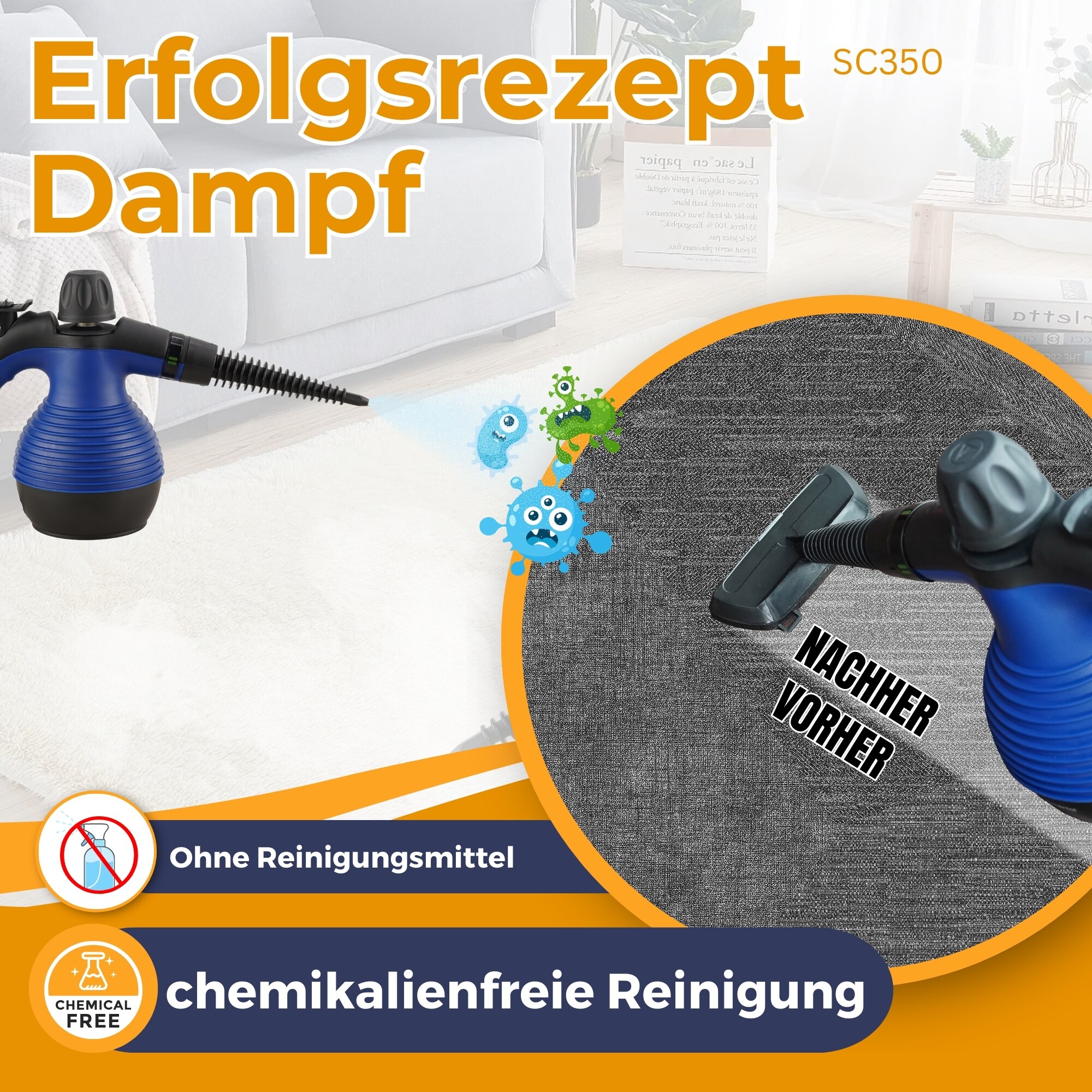 Sommertal Dampfreiniger Handgerät SC350 – Kompakter Hand-Dampfreiniger für alles – Polstermöbel, Fliesen, Böden, uvm – Steam Cleaner mit 350 ml Tank, 110°C Dampf, 3 Bar Druck