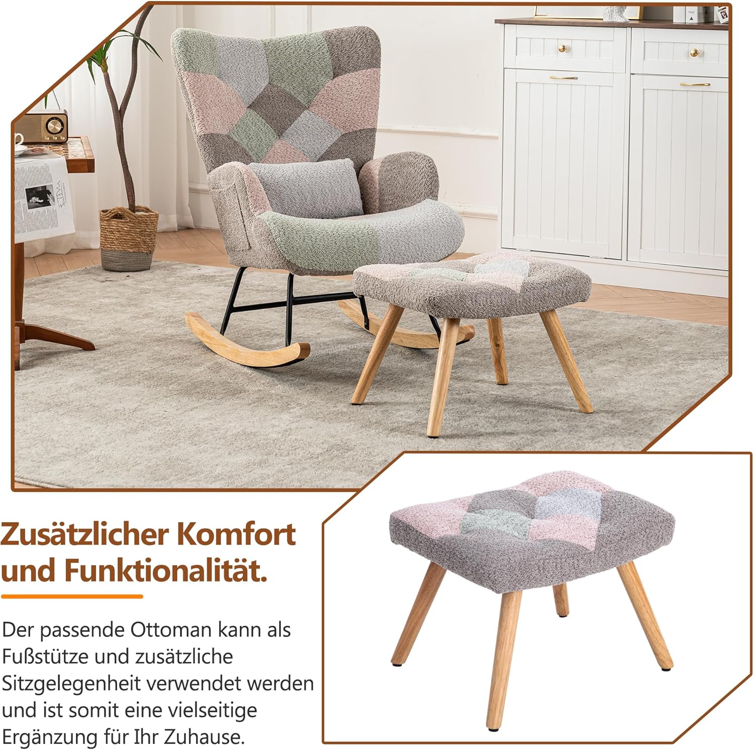Merax Schaukelstuhl mit Hocker, Sessel Relaxsessel Schaukelsessel mit Flügelrückenlehne & Lendenkissen, Gepolsterter Wohnzimmersessel Schwingsessel, für Schlafzimmer Balkon, Metallgestell, Frottee
