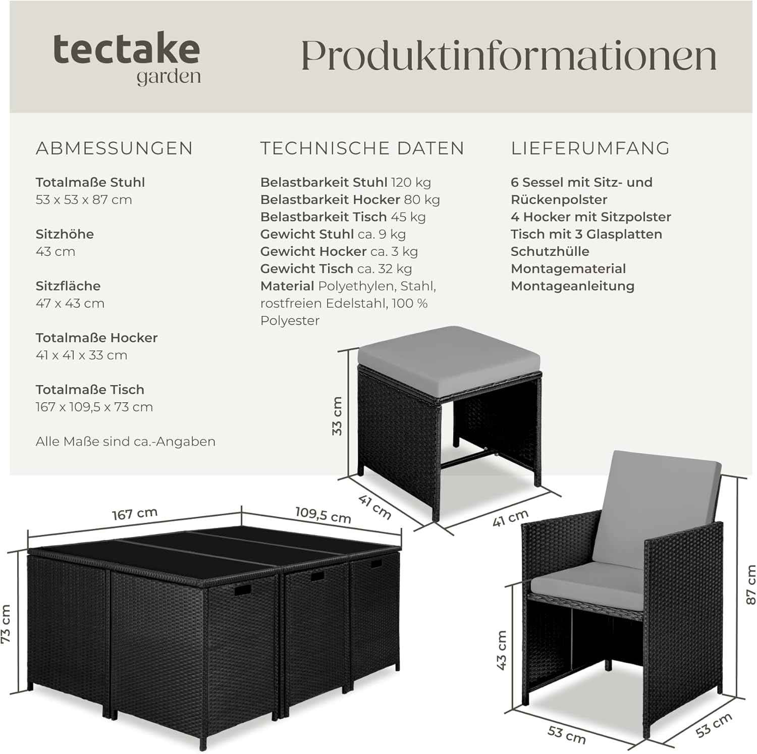tectake® Outdoor Balkon Gartenmöbel Set, Lounge mit 6 Stühlen, 4 Hocker und 1 Tisch, Poly Rattan Geflecht, wetterfest, platzsparend - schwarz/grau