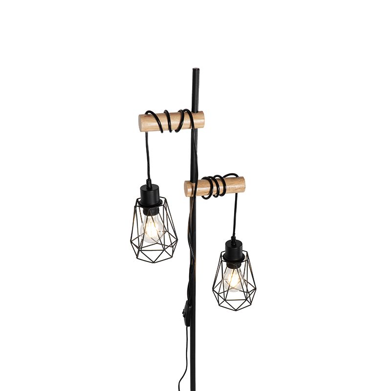 Landelijke vloerlamp zwart met hout 2-lichts met kap - Dami Frame