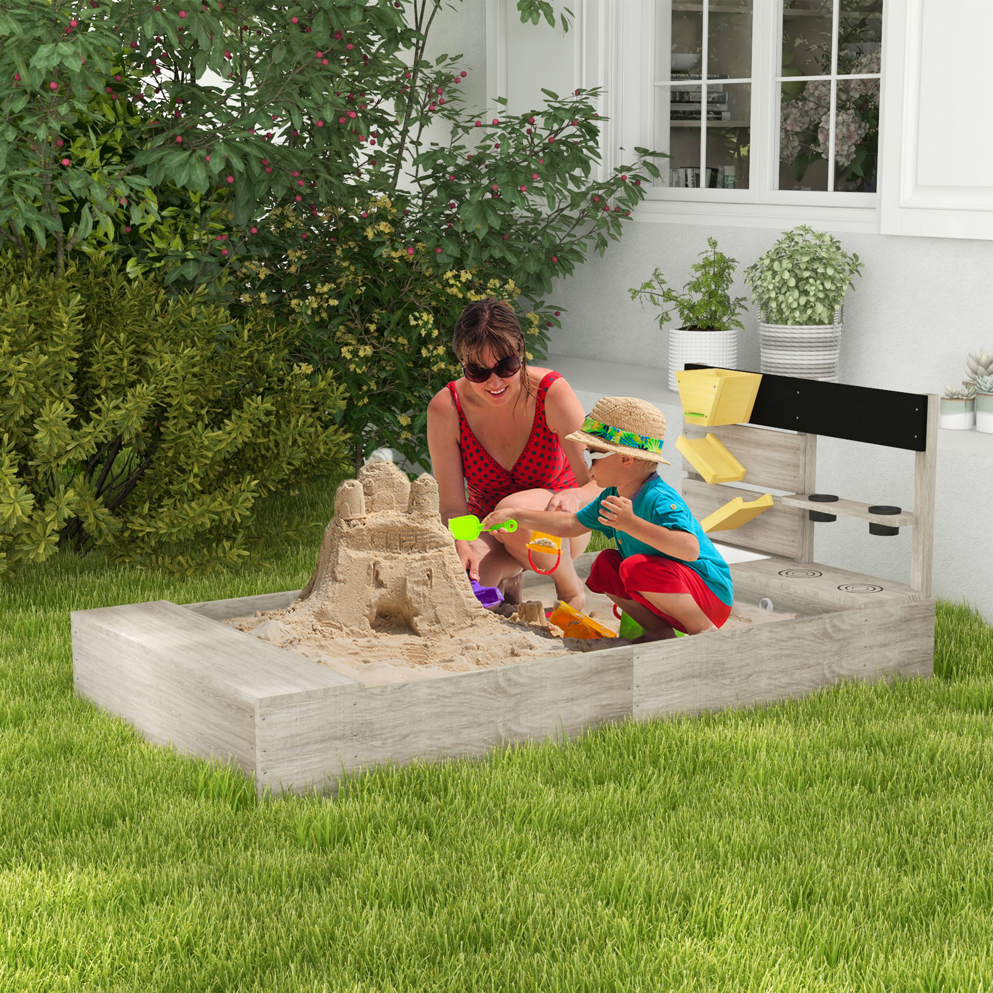 Caixa de areia de madeira Outsunny para crianças, com 2 assentos, 2 jardineiras e cozinha de brinquedo para jardim ou pátio, 154x80x60 cm, cinza.