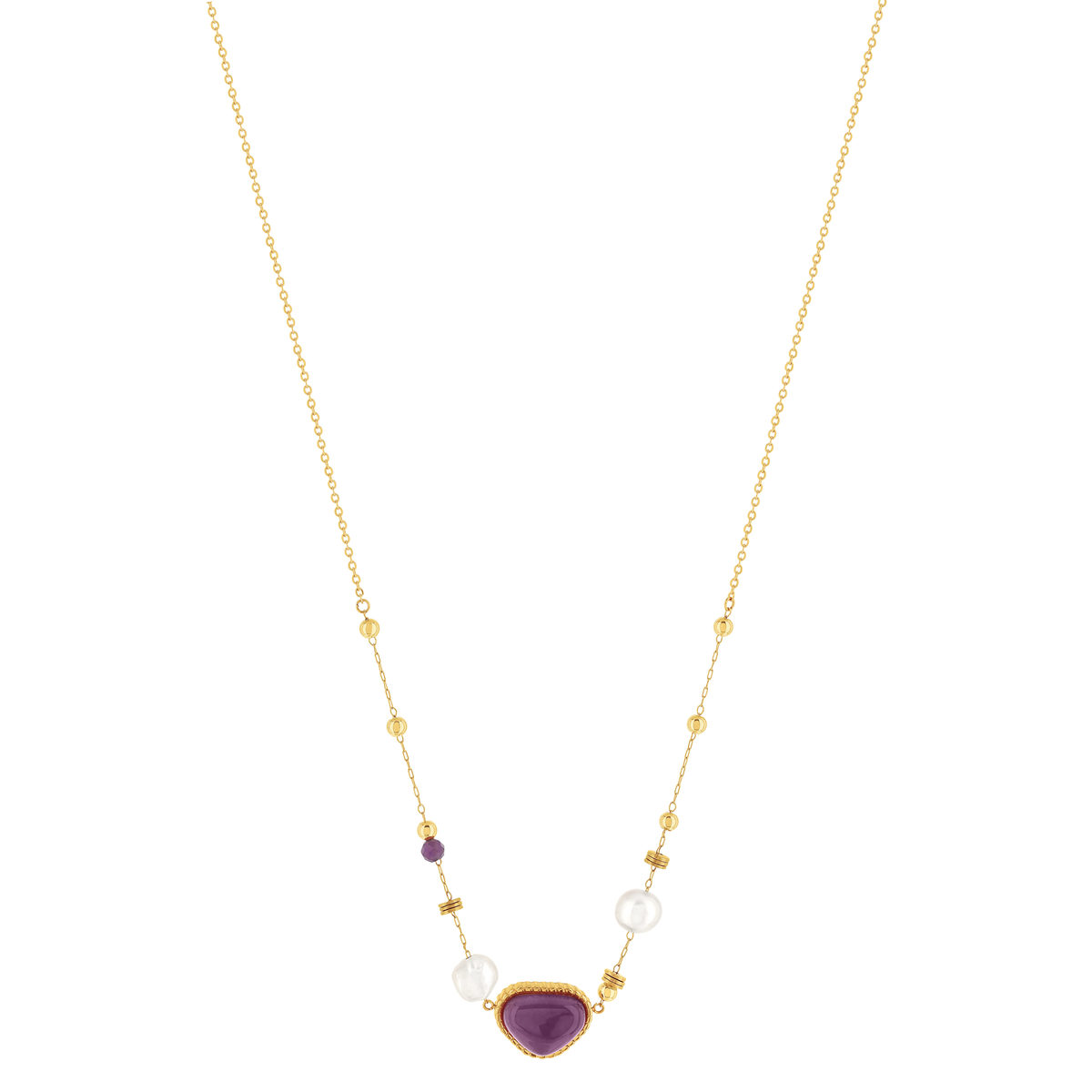 Collier acier doré améthystes et 2 perles de culture de Chine 48 cm