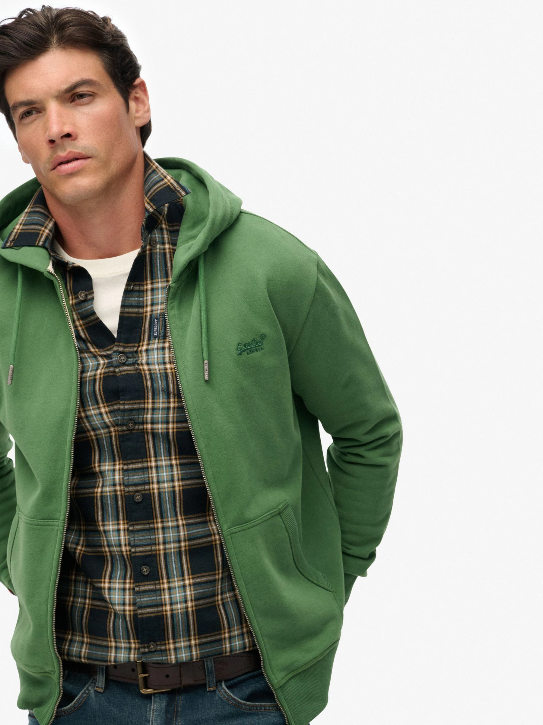 Blauwgroen - Superdry Essential hoodie met logo en halve rits met geborstelde voering