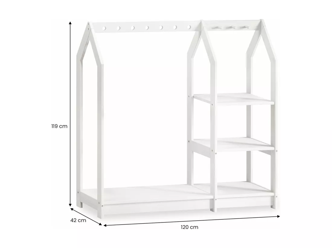 Penderie Enfant SALLY H 120 cm en Bois Massif Blancl avec Étagères, Portant Enfant Montessori Dressing avec Tringle