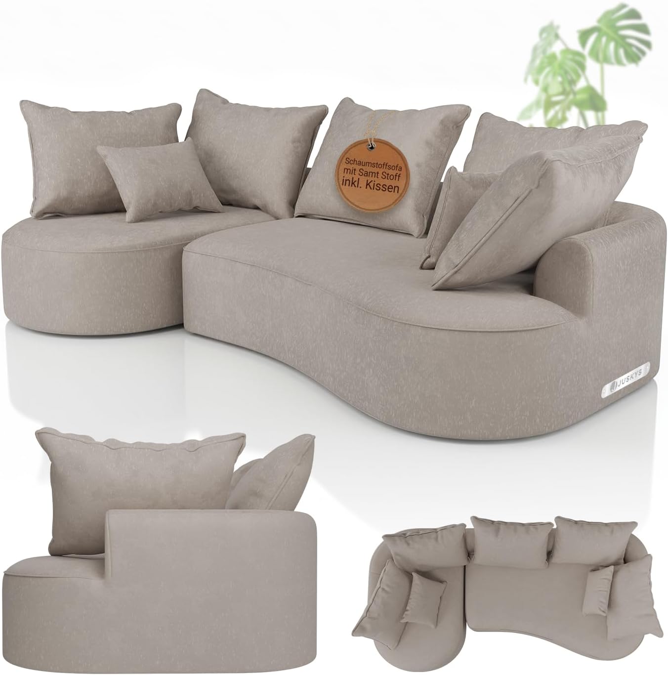 Juskys Sofa Tirano - Samt Beige, Ecksofa mit L-Form, mit Rücken- & Dekokissen, 4-Sitzer Eckcouch, Schaumstoff - Ottomane Links