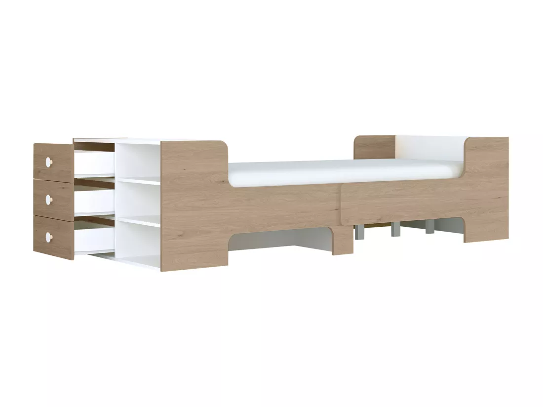 Lit évolutif 90 x 140/170/200 cm avec rangements - Coloris : Naturel et blanc + Matelas - GAROLIO