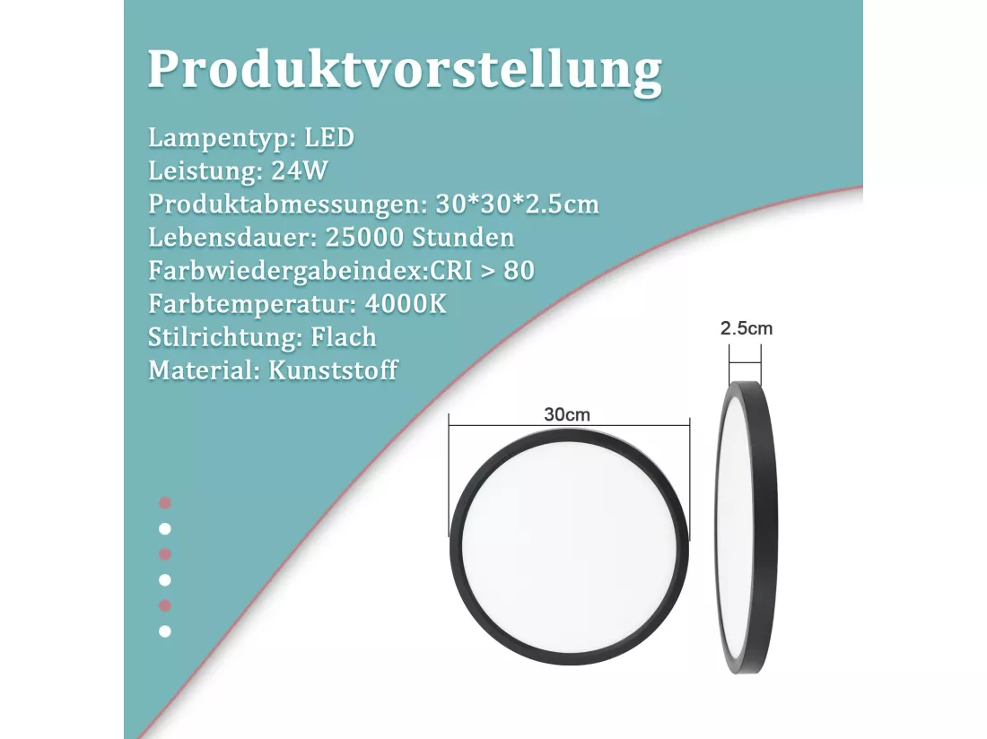 NETTLIFE Plafonnier LED Plat Noir 4000K Chambre 24W Salle de Bain Couloir Ronde pour Cuisine