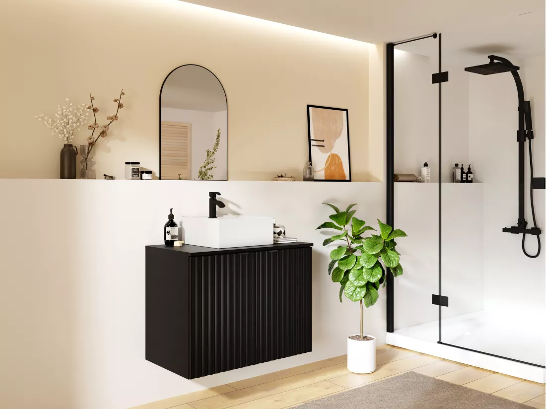 Meuble sous vasque suspendu strié avec planche - Noir - L80 cm - ZILGA