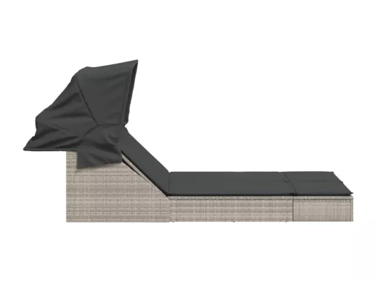 Chaise longue double avec auvent et coussins gris clair rotin