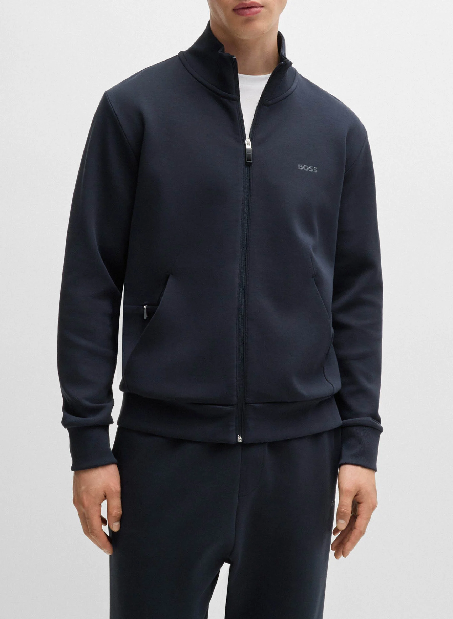 Sweat droit zippée sérigraphié en coton stretch | Bleu