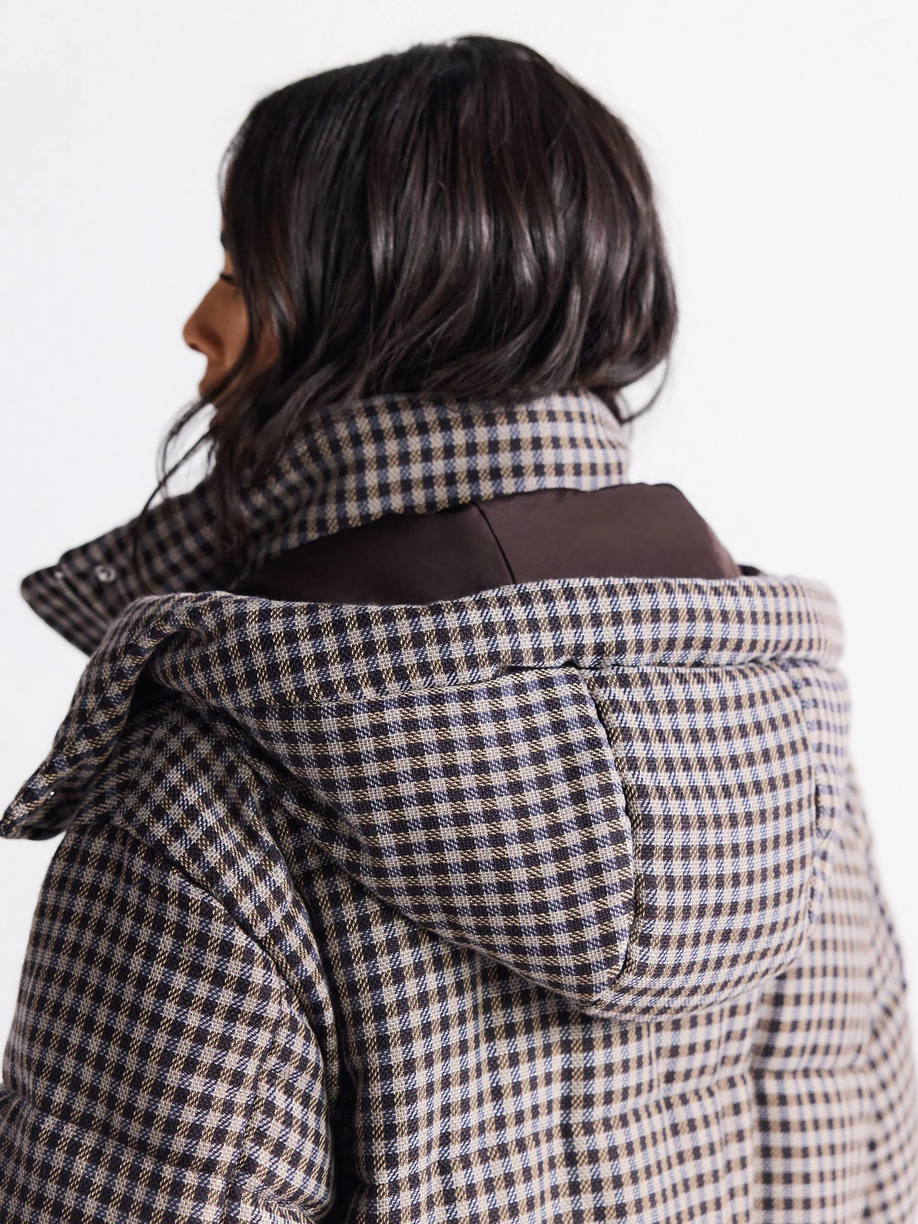 Chocoladebruin - Long Padded Check Coat