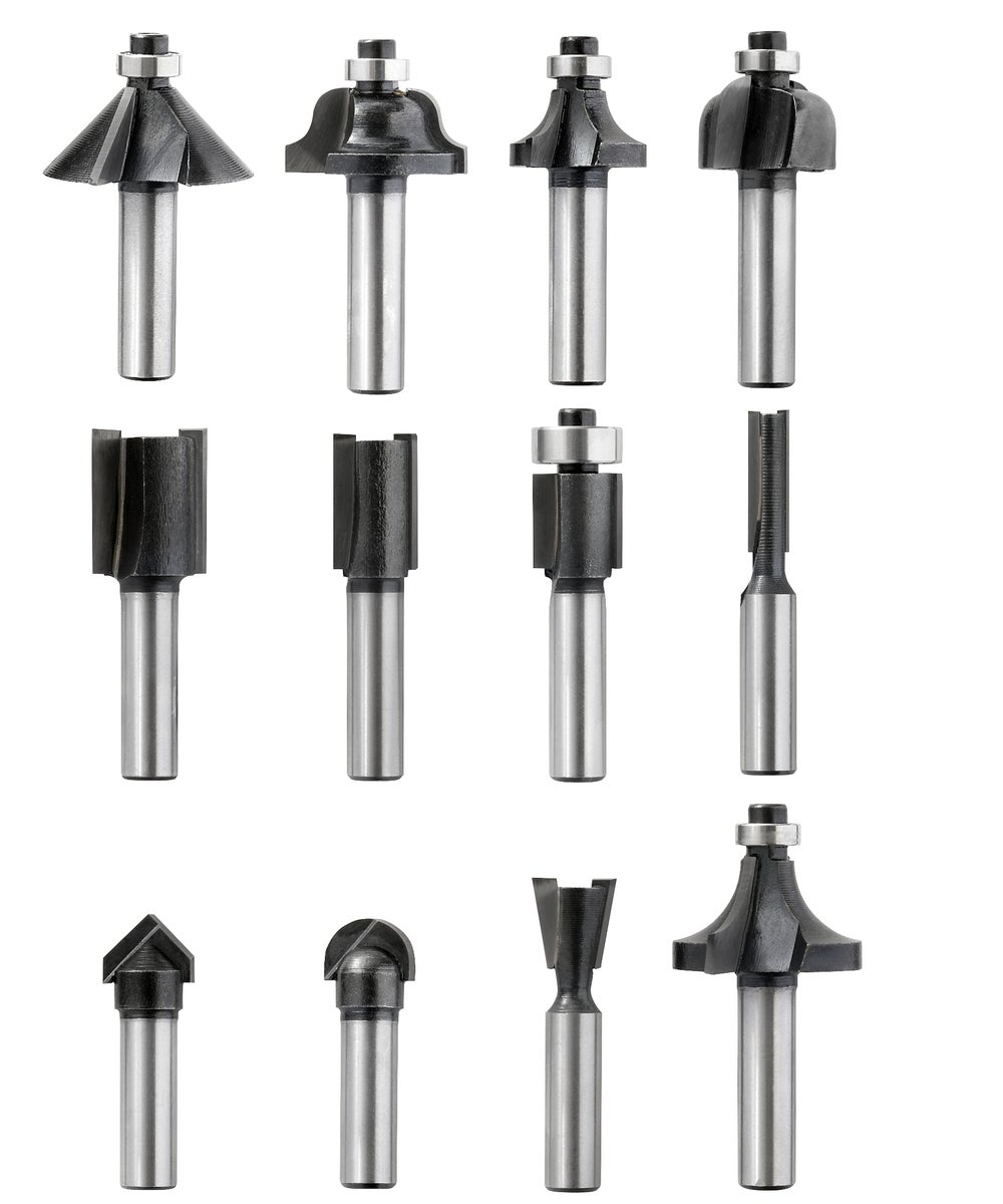 kwb freesset, 12-delig, (V-groeffrees, holfrees en meer) met hardmetalen punt, geleidekogellager, inclusief inbussleutel en houten koffer
