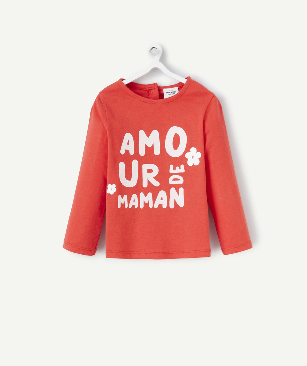 T-SHIRT MANCHES LONGUES BÉBÉ FILLE EN COTON BIO ROUGE AVEC MESSAGE