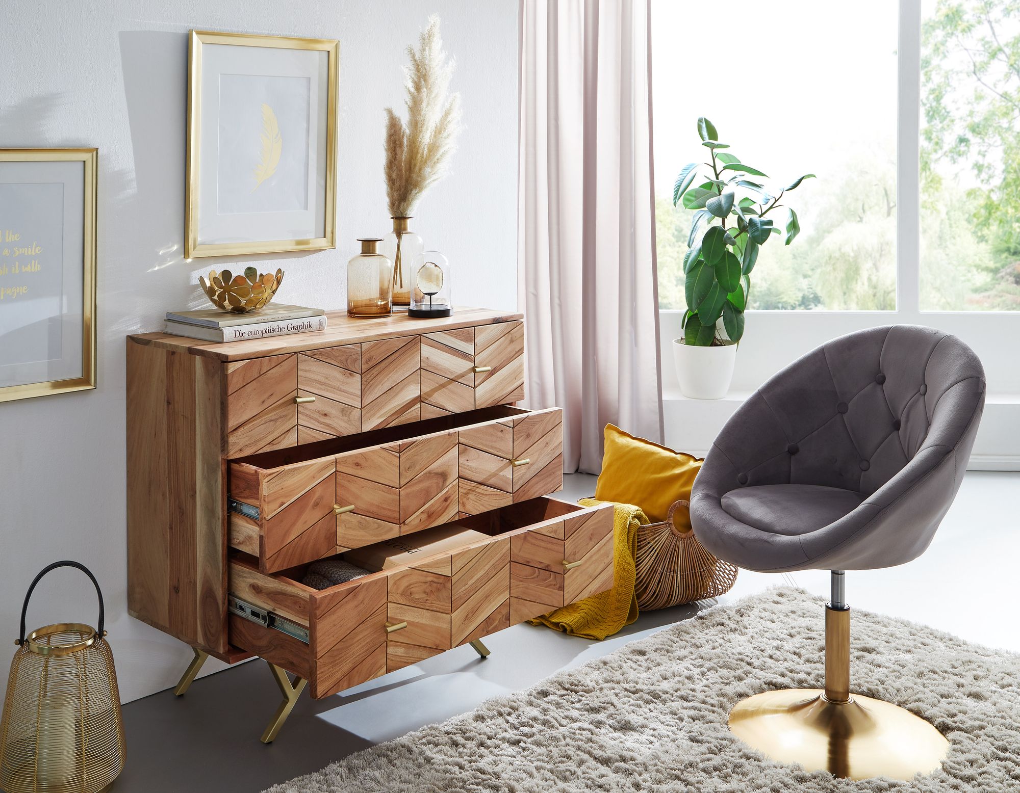 FineBuy Sideboard 90x86,5x40cm Massivholz / Metall Anrichte Schubladen Kommode