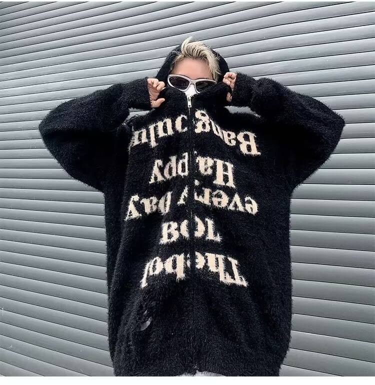 Femilina - Lettering Distressed Hooded Zip Cardigan