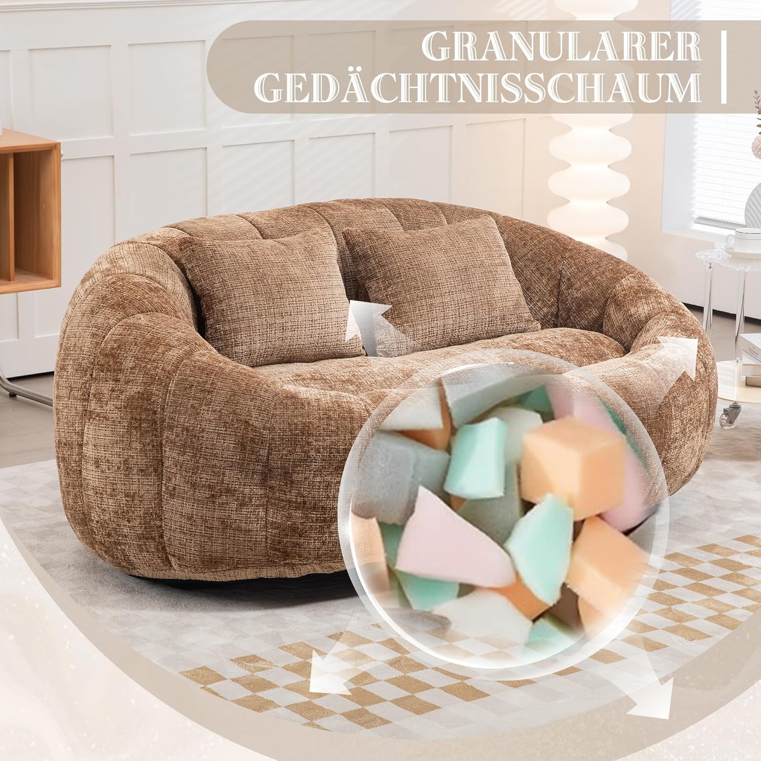 okwish Schlafsofa Sitzsack mit 2 Kissen, Relaxsessel mit Dicke Polsterung, Ecksofa, Extrabreit Lazy Sofa für Erwachsene & Kinder, Chenille-Stoff, Kaffee