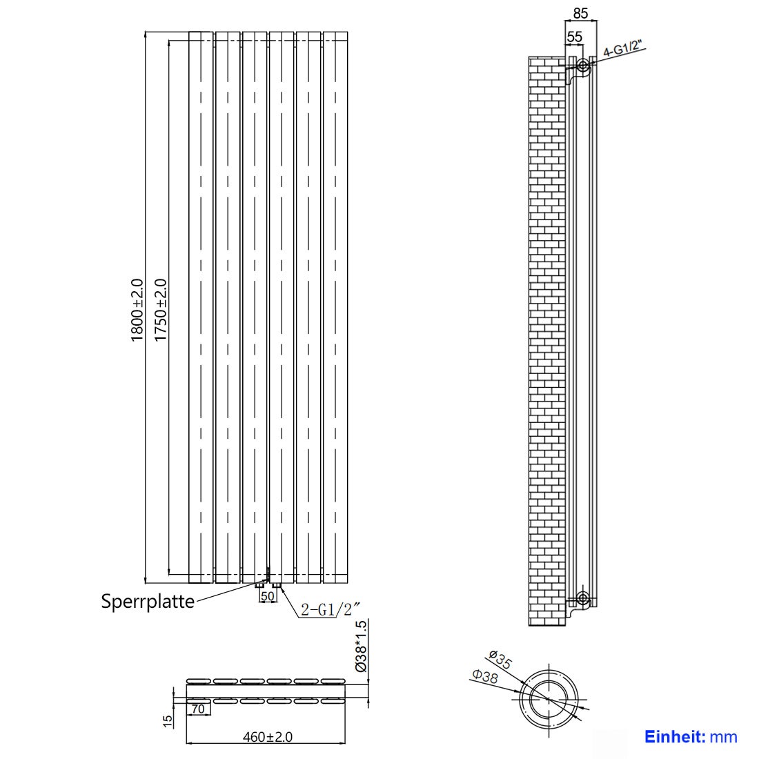 EMKE Flat Radiator, Design Paneelradiator, Verticaal, Dubbellaags, Middenaansluiting, 180x46cm, 1670W, Wit