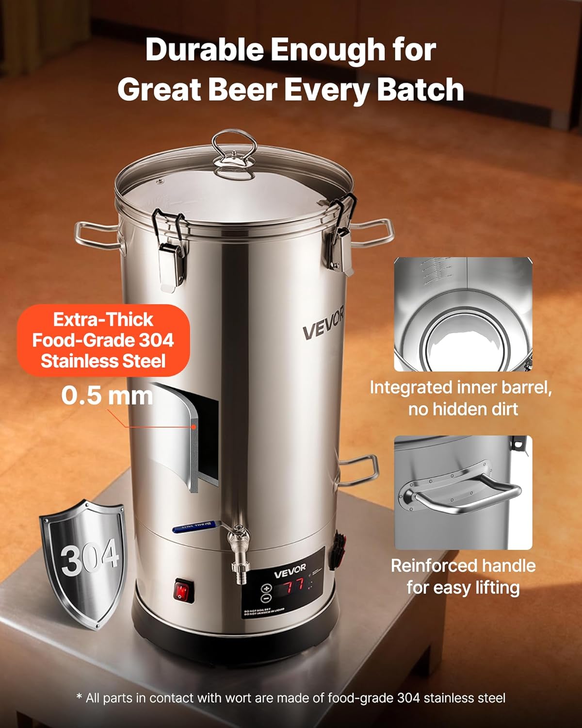 VEVOR elektrisches Bierbraugerät Bierbrauanlage Braukessel 30 L Hausgebrauch, Gehäuse aus Edelstahl 304, Maischekochgerät mit integriertem Innenfass & verstärktem Griff & Wasserhahn, Brausystem