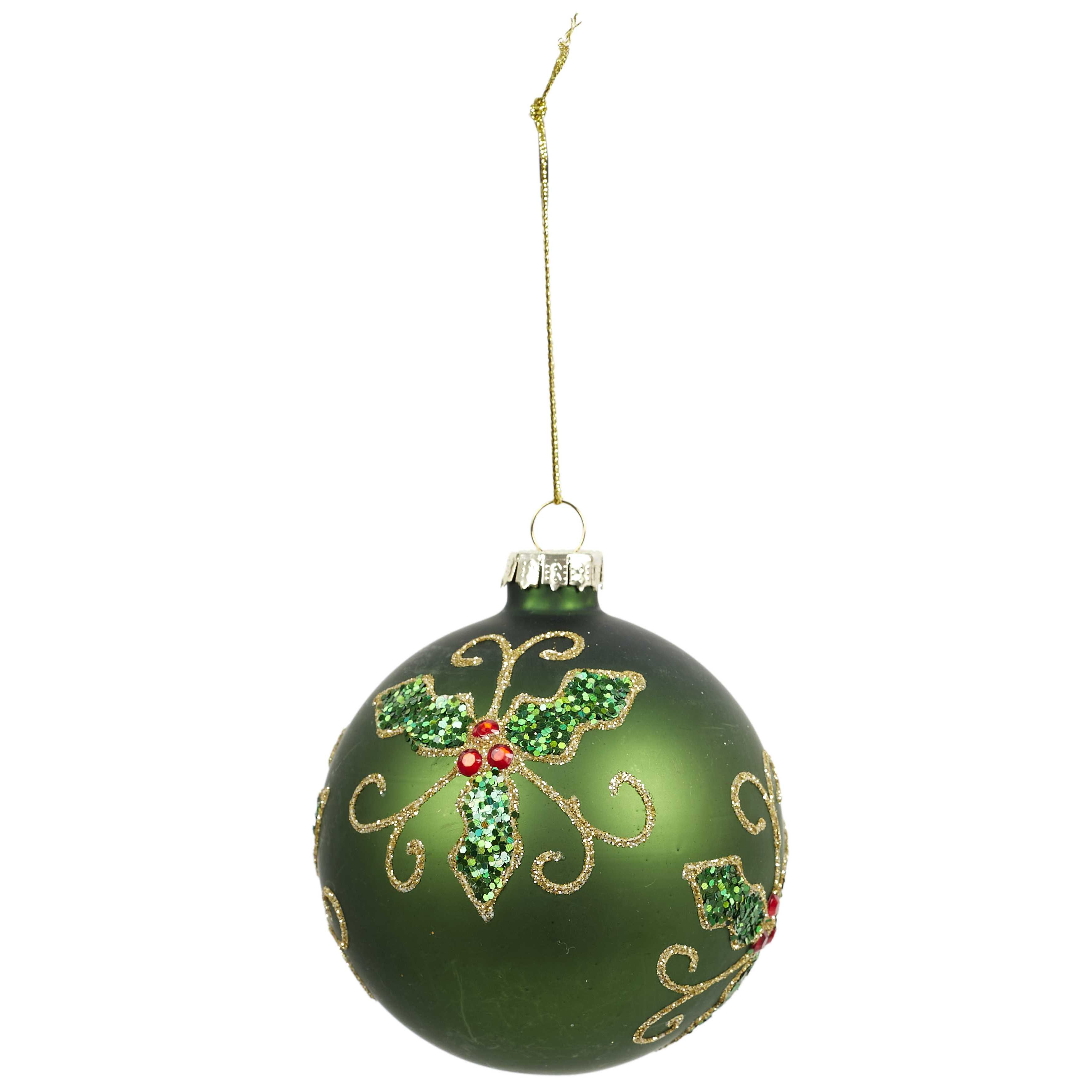 BOULE NOEL VERRE VERTE AVEC HOUX D.8CM