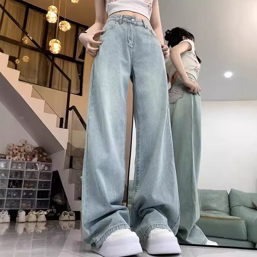 Kira Kira - High Waist Bow Borduursel Washed Wide Leg Jeans
