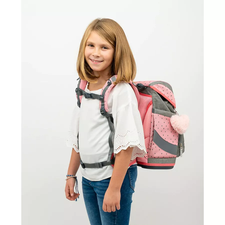 Belmil Schulranzen Smarty Schulranzen Set 6-teilig mit Brustgurt, Hüftgurt Pink Dots 2