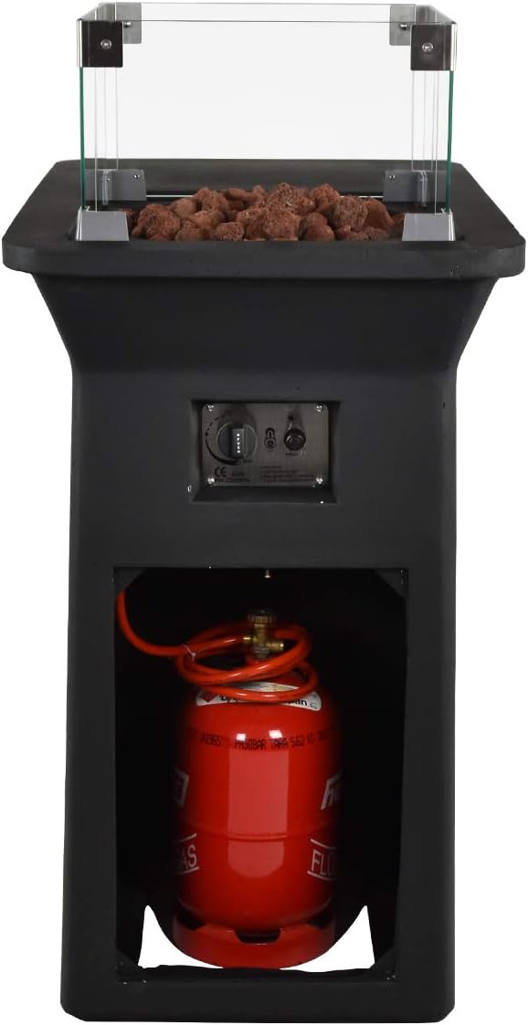 Feuertisch Verona | 95x60x100 | Bartisch Stehtisch Gas Feuerstelle und Gartenfeuer | mit Flammenschutz aus Glas, Lavasteine, Hülle und Zubehör