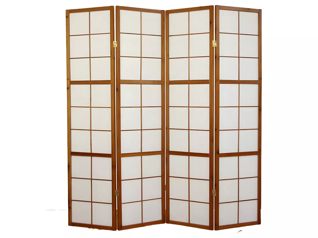 Paravent japonais Shoji en bois brun de 4 pans L176 x H175 x P2 cm