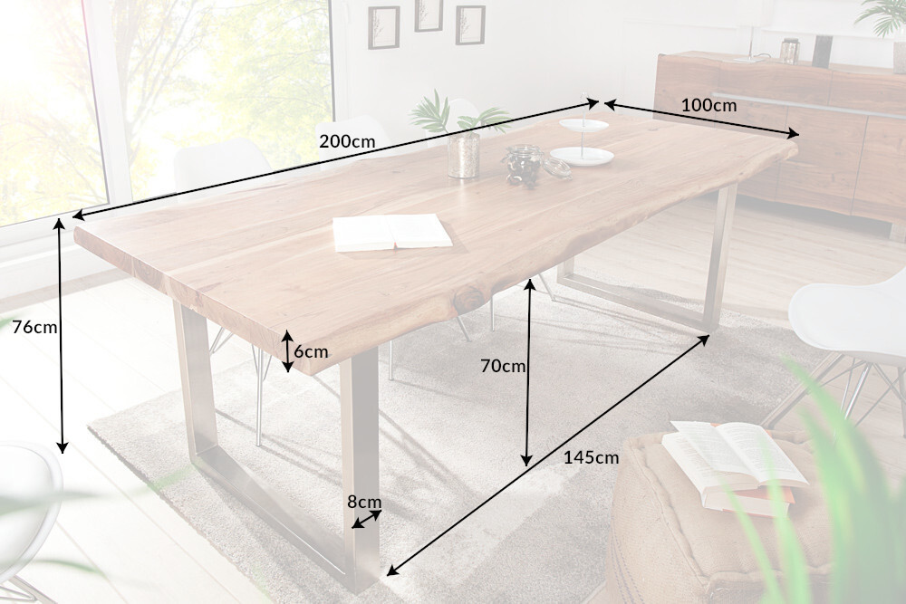 Massivholz Esstisch MAMMUT NATURE 200cm Akazie Baumkante 6cm Tischplatte Edelstahlbeine
