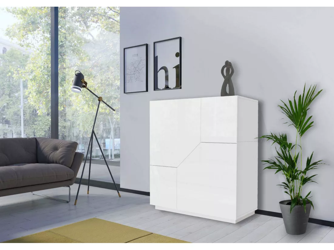Buffet Dkoud, Buffet de cuisine 2 portes, Buffet de salon, 100% Made in Italy, 100x43h106 cm, Blanc brillant