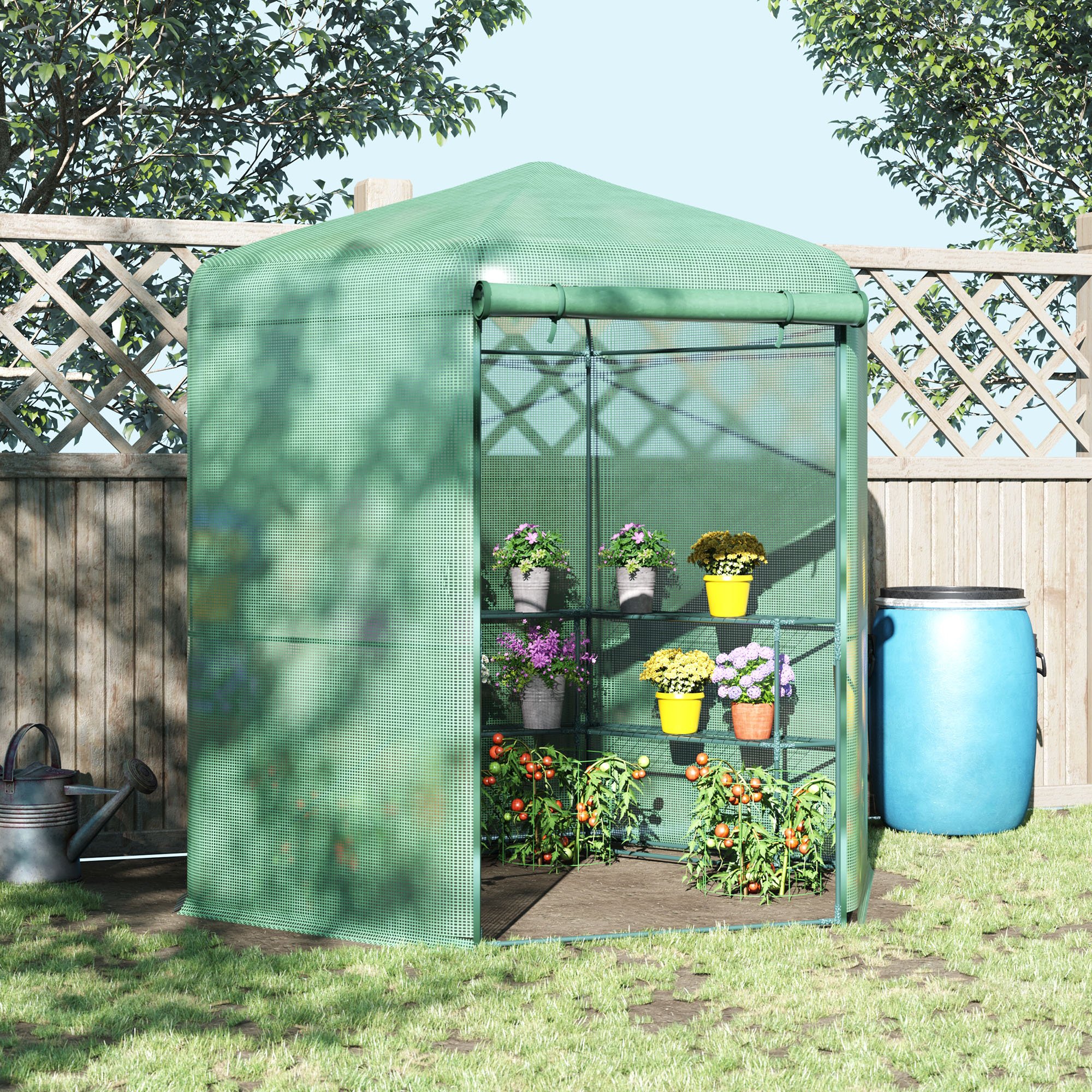 Estufa de jardim hexagonal Outsunny 194x194x215 cm com 6 prateleiras, porta de enrolar e estrutura de aço galvanizado para cultivo de plantas, vasos e flores (verde)