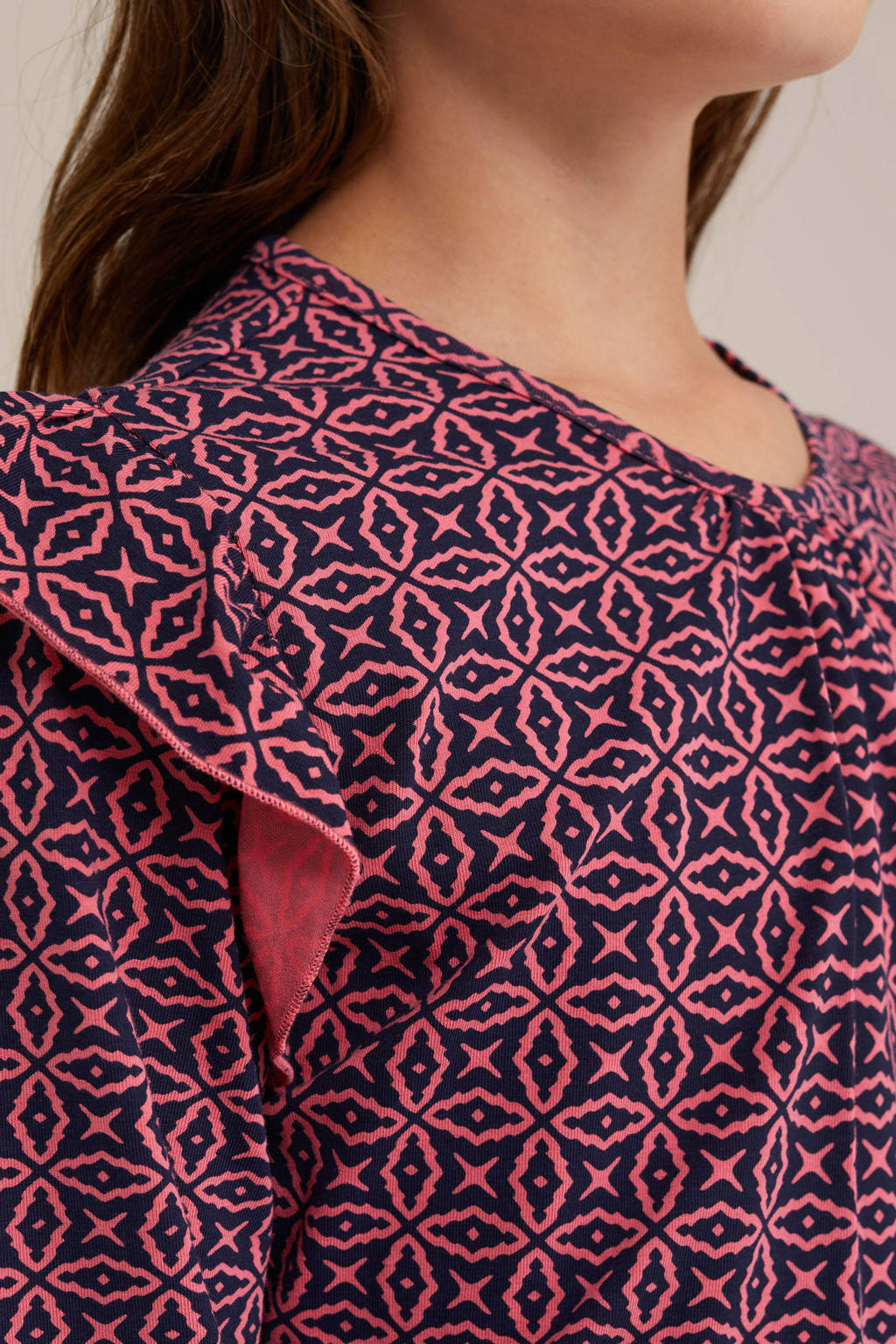WE Fashion jurk met all over print en ruches donkerblauw/roze