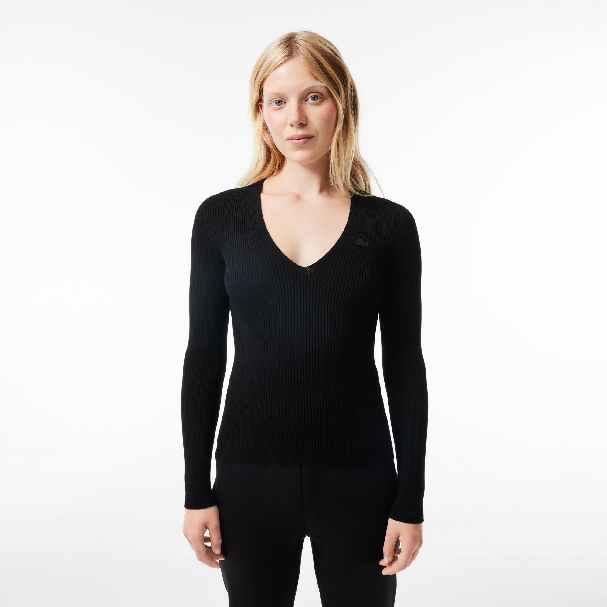 Nahtloser gerippter Pullover mit V-Ausschnitt Pullover - Schwarz - Lacoste - Damen
