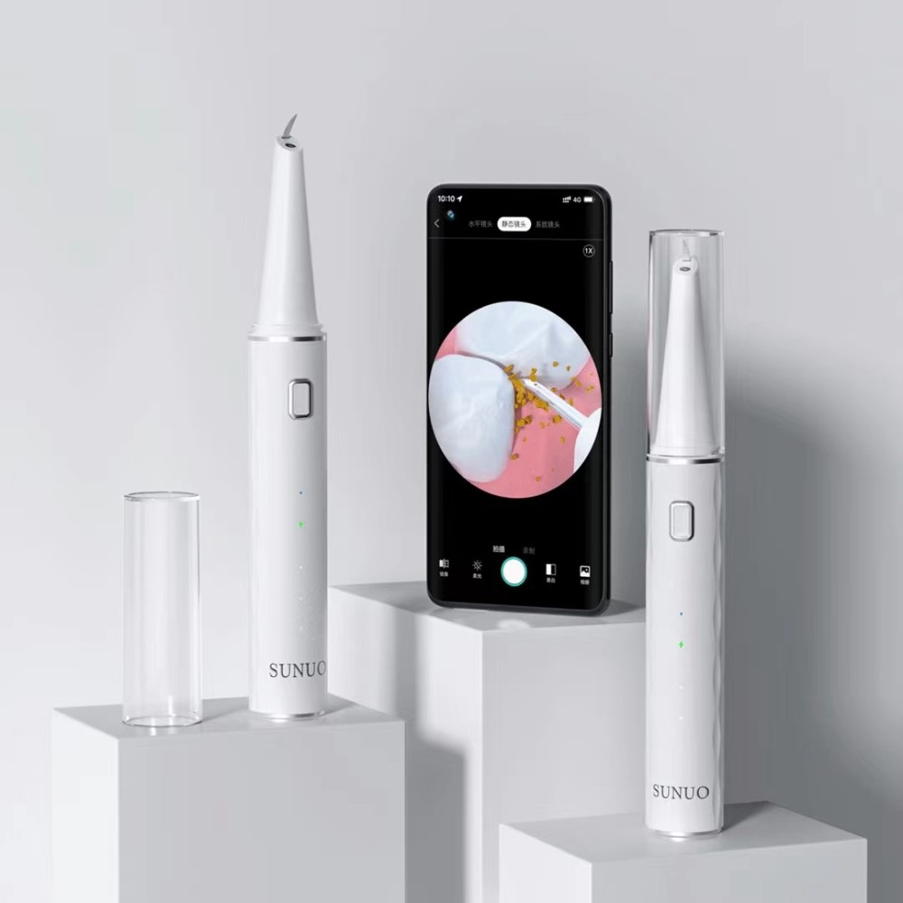 Elektrischer Bluetooth Zahnsteinentferner Ultraschall Zahnfleckenentferner zur Zahnreinigung mit 2 Aufsätzen - Weiss