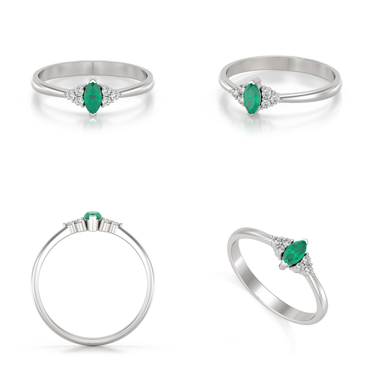 Bague ADEN Or 585 Blanc Emeraude et diamants 2.1grs