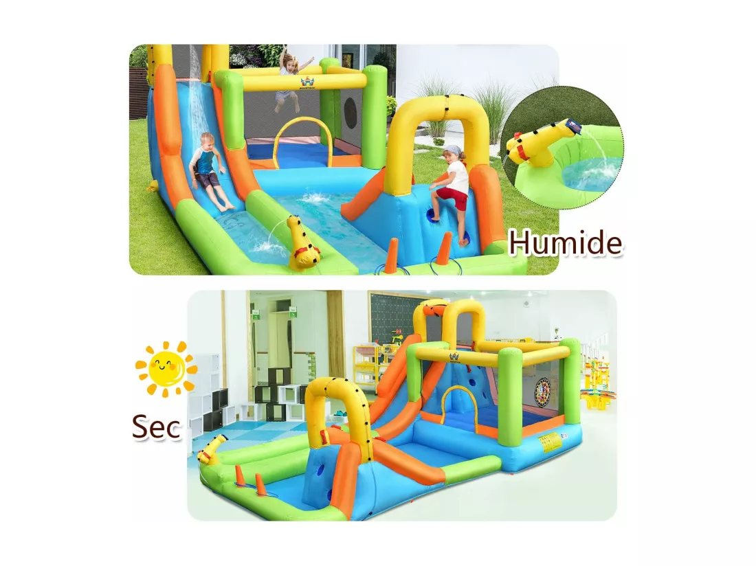 Château Gonflable 8 en 1 avec 2 Toboggans, Parc Aquatique avec Maison de Saut, Mur d'Escalade, Panier de Basket, Sac de Transport, Charge 135kg pour 3 Enfants de 3-10 Ans (Sans souffleur)