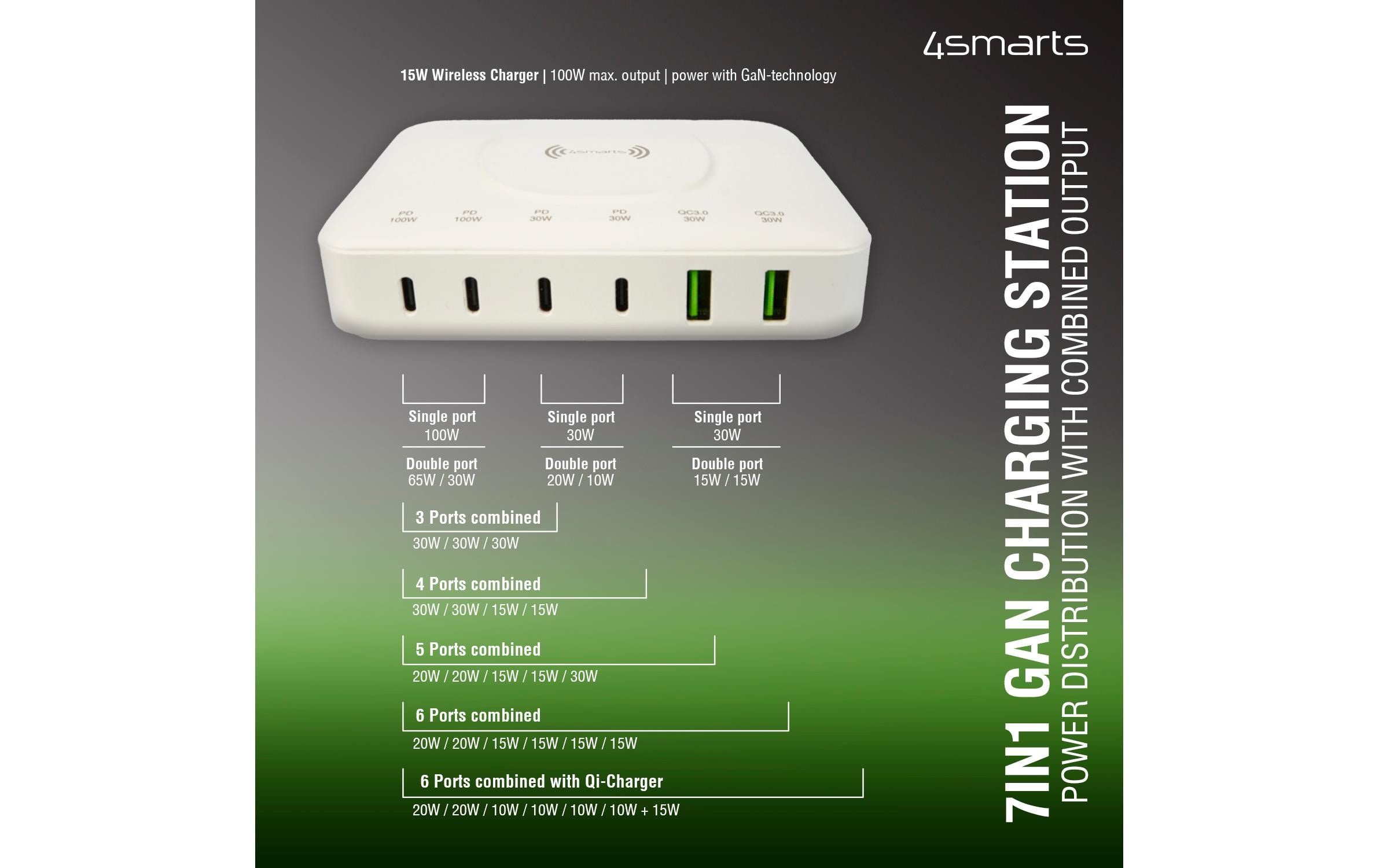 7in1 GaN Ladestation Weiss7-Port Ladestation mit Schnellladefunktion und integrierter kabelloser Ladefläche