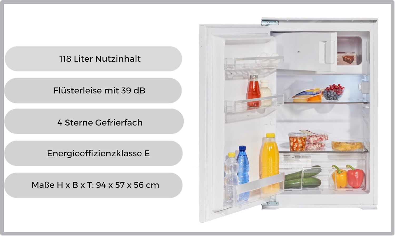 Wolkenstein WKS125.4EEB Einbaukühlschrank mit Gefrierfach | 118 Liter Nutzinhalt | 4 Sterne gefrierfach | Wechselbarer Türanschlag | LED Beleuchtung | 39 dB | 54 cm Breite | Weiß