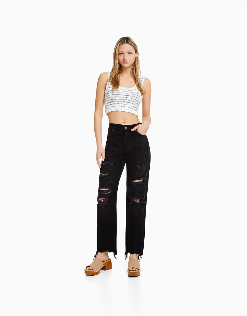 Calça jeans cropped reta rasgada