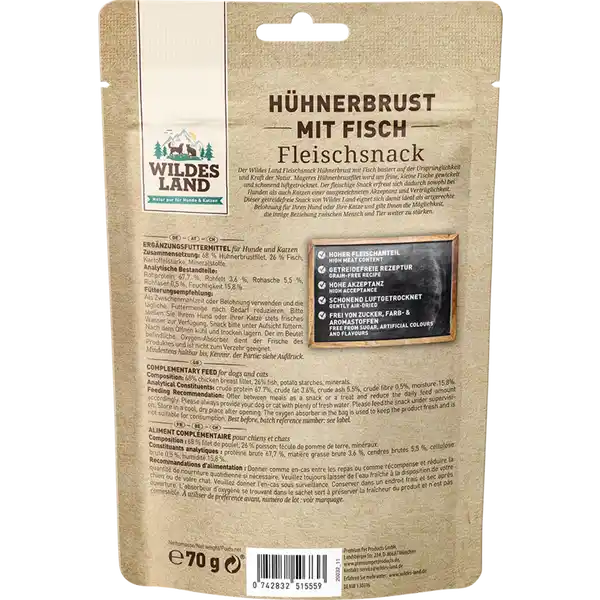 Hunde- und Katzensnack Hühnerbrust mit Fisch