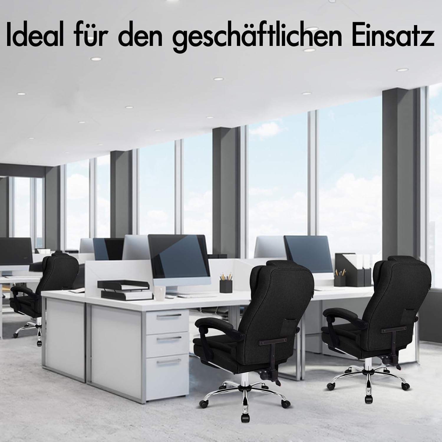 ALFORDSON Bürostuhl mit Massagefunktion, ergonomisches Design mit großer Sitzpolsterung, Lendenwirbelstütze, Rollen, für reibungslose Mobilität im Büro, Schwarz, Leinen Fabric